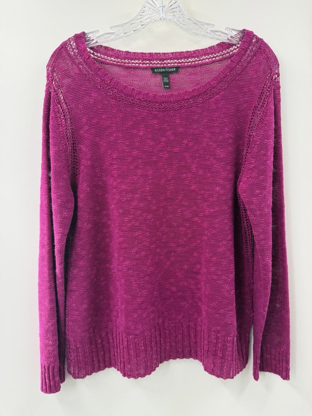 Eileen Fisher Women’s Organic Linen Cotton Open Knit Sweater Magenta Pink M EUC